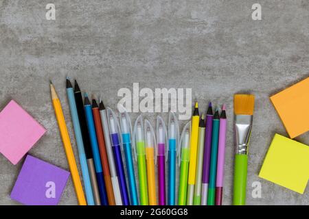 Top view on student material group art of various school supplies Stock Photo