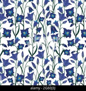 Seamless vector pattern with blue bells flowers, steams and leaves. Hand drawn marker botanical design on white background. Floral design for fabric Stock Vector