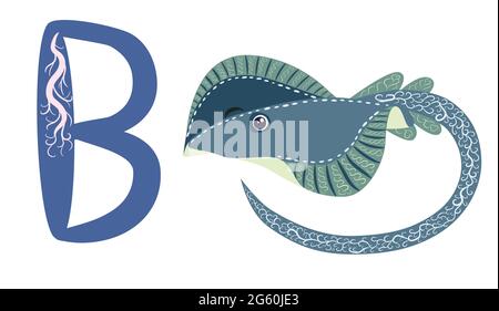 ABC kids letter ray fish Blue spotted sea animal cartoon character Ocean animal, cramp fish Stingray fish for illustration, wildlife design Funny sea Stock Vector