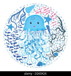 Funny jellyfish hand-drawn among seashells, algae, fish. Cute marine life, Scandinavian style, detailed. Stock Vector