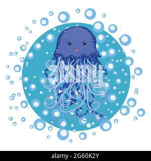 Funny jellyfish hand drawn among water bubbles. Cute marine life, Scandinavian style, detailed. Stock Vector