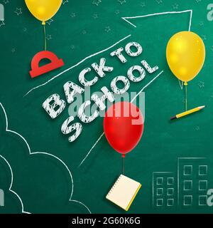 Back to school with school supplies on the background of the school board. Vector illustration. Stock Vector