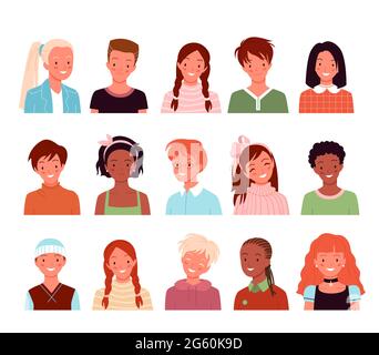 Cartoon diverse cute face portraits of boy girl child user characters isolated on white. Happy kid profile avatar for social media or blog account Stock Vector