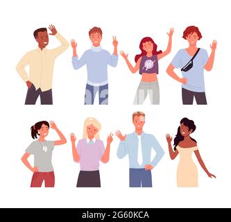 Cartoon diverse happy young man woman characters smiling and standing with welcome gesture, greet, say goodbye or hello isolated on white. People Stock Vector