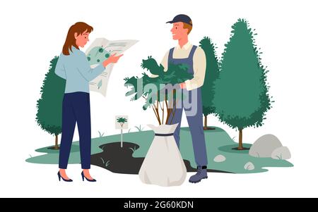 People work in summer forest or park, grow plants vector illustration. Cartoon man woman gardener characters working and gardening, holding garden Stock Vector