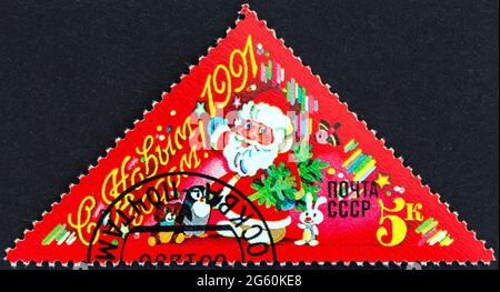 USSR - CIRCA 1990: A stamp printed in USSR shows Happy New Year 1991, circa 1990. Stock Photo