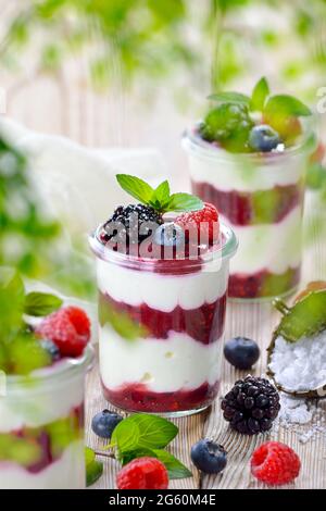 Light and cool summer dessert with curd, yoghurt und fresh berries Stock Photo