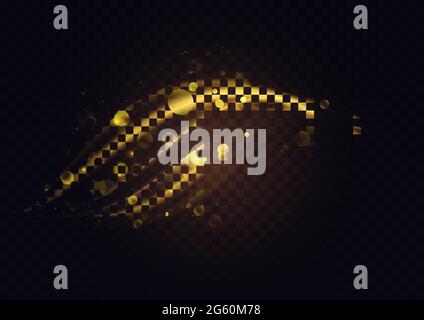 Golden luminous waves shapes and shining particles, abstract light effect vector illustration. Luxury sparkling shiny magic swirl, dynamic wavy gold trails shine on transparent black background Stock Vector
