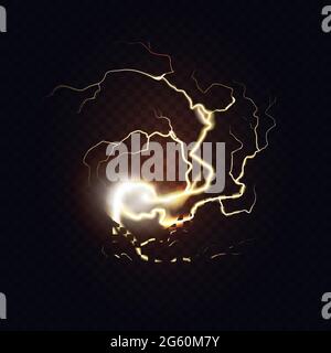 Realistic lightning thunderbolt, glowing thunder bolt light effect of electricity flash vector illustration. Electric golden powerful spark lines, energy discharge, shock strike ray in dark background Stock Vector