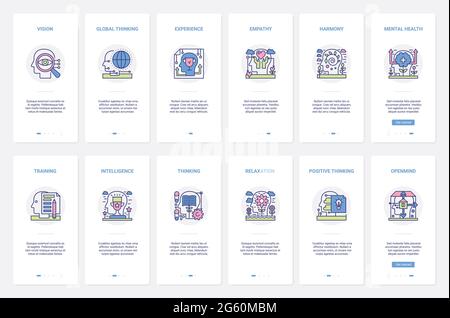Mind process, mental health, education vector illustration. UX, UI onboarding mobile app page screen set with line relaxation, training intelligence, empathy harmony, openmind and global vision Stock Vector