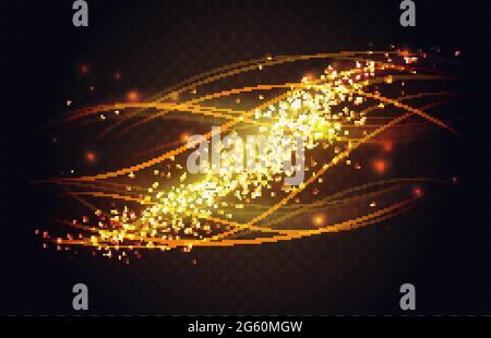 Abstract line waves of motion golden light effect vector illustration. Futuristic dynamic energy flare with shining glitter particles, luxury gold wavy flash in shining space in dark background Stock Vector