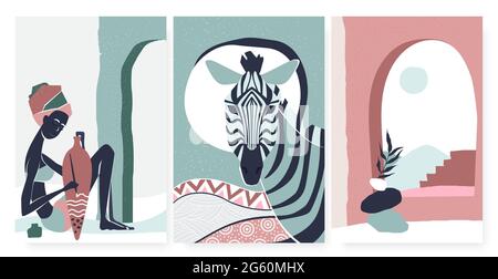 African boho people and zebra animal, summer poster wall art print vector illustration set. Trendy minimal bohemian art in simple geometric lines, aboriginal tribe woman portrait template background Stock Vector