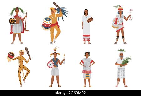 Aztec tribe people of ancient civilization set vector illustration. Cartoon man woman characters in traditional clothes and headgear holding weapon or ritual objects collection isolated on white Stock Vector