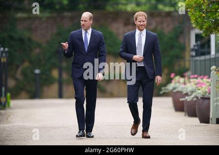 The Duke of Cambridge and Duke of Sussex arrive for the unveiling of a statue they commissioned of their mother Diana, Princess of Wales in the Sunken Garden at Kensington Palace, London, on what would have been her 60th birthday. Picture date: Thursday July 1, 2021. Stock Photo