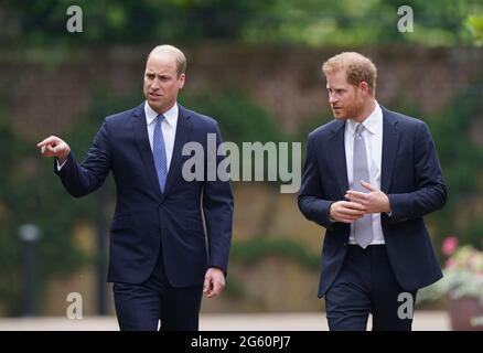 The Duke of Cambridge and Duke of Sussex arrive for the unveiling of a statue they commissioned of their mother Diana, Princess of Wales in the Sunken Garden at Kensington Palace, London, on what would have been her 60th birthday. Picture date: Thursday July 1, 2021. Stock Photo