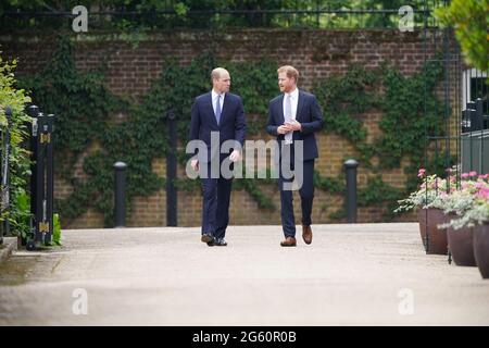 The Duke of Cambridge and Duke of Sussex arrive for the unveiling of a statue they commissioned of their mother Diana, Princess of Wales in the Sunken Garden at Kensington Palace, London, on what would have been her 60th birthday. Picture date: Thursday July 1, 2021. Stock Photo