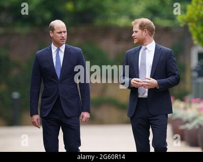 The Duke of Cambridge and Duke of Sussex arrive for the unveiling of a statue they commissioned of their mother Diana, Princess of Wales in the Sunken Garden at Kensington Palace, London, on what would have been her 60th birthday. Picture date: Thursday July 1, 2021. Stock Photo