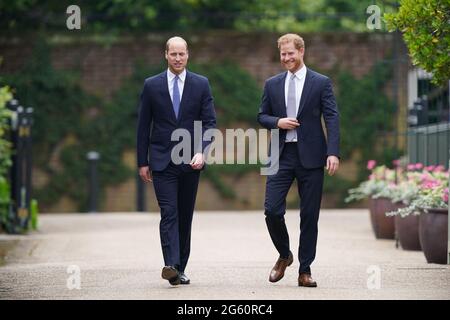 The Duke of Cambridge and Duke of Sussex arrive for the unveiling of a statue they commissioned of their mother Diana, Princess of Wales in the Sunken Garden at Kensington Palace, London, on what would have been her 60th birthday. Picture date: Thursday July 1, 2021. Stock Photo