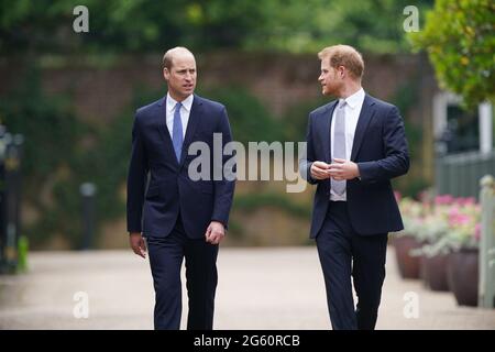 The Duke of Cambridge and Duke of Sussex arrive for the unveiling of a statue they commissioned of their mother Diana, Princess of Wales in the Sunken Garden at Kensington Palace, London, on what would have been her 60th birthday. Picture date: Thursday July 1, 2021. Stock Photo