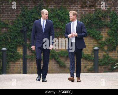 The Duke of Cambridge and Duke of Sussex arrive for the unveiling of a statue they commissioned of their mother Diana, Princess of Wales in the Sunken Garden at Kensington Palace, London, on what would have been her 60th birthday. Picture date: Thursday July 1, 2021. Stock Photo