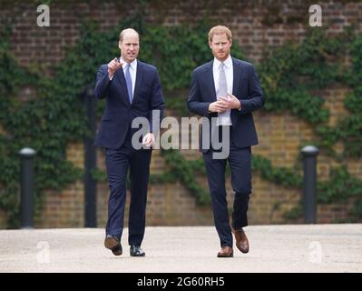 The Duke of Cambridge and Duke of Sussex arrive for the unveiling of a statue they commissioned of their mother Diana, Princess of Wales in the Sunken Garden at Kensington Palace, London, on what would have been her 60th birthday. Picture date: Thursday July 1, 2021. Stock Photo