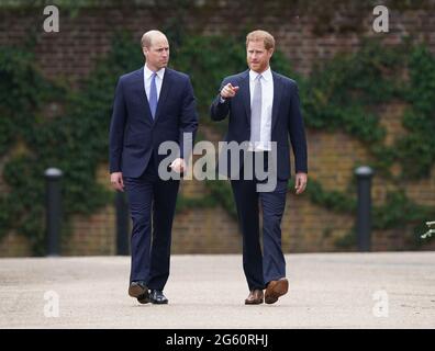 The Duke of Cambridge and Duke of Sussex arrive for the unveiling of a statue they commissioned of their mother Diana, Princess of Wales in the Sunken Garden at Kensington Palace, London, on what would have been her 60th birthday. Picture date: Thursday July 1, 2021. Stock Photo