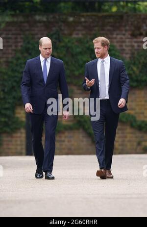 The Duke of Cambridge and Duke of Sussex arrive for the unveiling of a statue they commissioned of their mother Diana, Princess of Wales in the Sunken Garden at Kensington Palace, London, on what would have been her 60th birthday. Picture date: Thursday July 1, 2021. Stock Photo