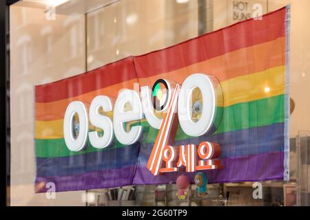 London Uk 01st July 21 Oseyo Logo With A Rainbow Flag Seen At Window Shop In Leicester Square London June Is Traditionally Pride Month In The Uk In Celebration Of The Pride Movement