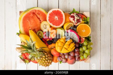 The set of tropical fruits stacked for delivery Stock Photo