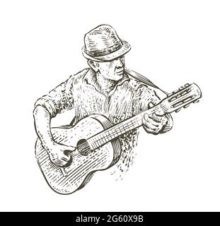 Man in hat playing guitar. Country music sketch in vintage style Stock Vector