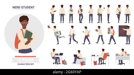 African american black teenager school student poses vector illustration set. Cartoon intelligent smart casual boy character with glasses, backpack and books studying and posing in front isolated Stock Vector