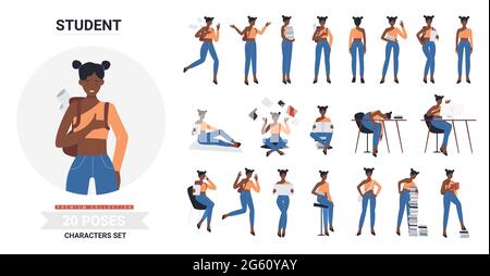 African american black student girl pose infographic vector illustration set. Cartoon young woman casual clothes holding books for study, female in jeans studying, resting different posture isolated Stock Vector