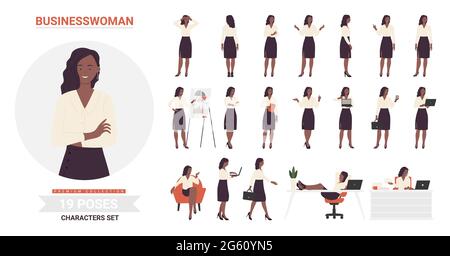 African american black businesswoman poses infographic vector illustration set. Cartoon front side back view young woman business corporate office worker, lady working laptop postures isolated Stock Vector