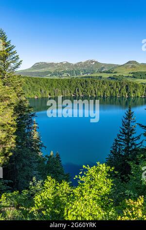 France, Puy de Dome, Besse et Saint Anastaise, Parc Naturel Regional des Volcans d'Auvergne (Natural regional park of Volcans d'Auvergne), Cezallier, the Lac Pavin, volcanic maar lake, the Monts Dore in the background, Sancy Stock Photo