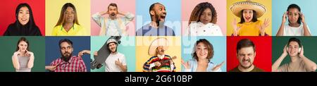 Collage of ethnically diverse surprised people on colored backgrounds. Concept of human emotions, facial expressions Stock Photo