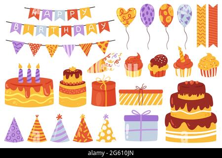 Birthday fun party celebration set, anniversary event holiday elements vector illustration. Cartoon cute sticker collection with birthday hat garland balloon gift sweet cake flag isolated on white Stock Vector