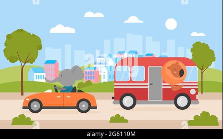 Cute animals drive car and bus on city street vector illustration. Cartoon happy lion driving bus transport, funny elephant driver character traveling automobile, traffic road cityscape background Stock Vector