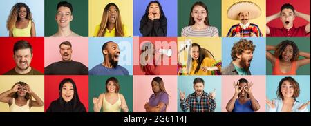 Collage of ethnically diverse people on colored backgrounds. Concept of human emotions, facial expressions Stock Photo