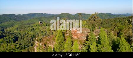 France, Bas Rhin, Parc Naturel Regional des Vosges du Nord (Northern Vosges Regional Natural Park, Wingen, Krappenfels rock and Fleckenstein castle ruins dated 12th century in the background (aerial view) Stock Photo