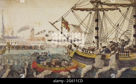 BOSTON, MASSACHUSETTS, USA - 16 December 1773 - Etching of citizens destroying tea by the Sons of Liberty in Boston Harbor in 1773 in protest at the 1 Stock Photo