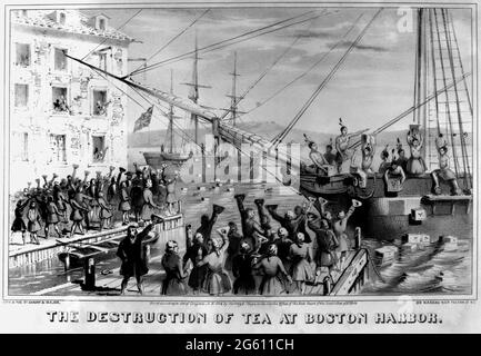 BOSTON, MASSACHUSETTS, USA - 16 December 1773 - Etching of citizens destroying tea by the Sons of Liberty in Boston Harbor in 1773 in protest at the 1 Stock Photo