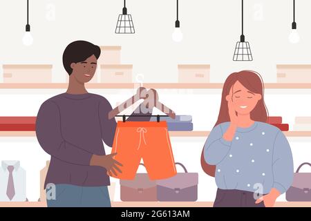 Couple people shopping on big sales vector illustration. Cartoon young man and woman buyer characters buying shorts, guy holding hanger with clothes in interior of shop store or boutique background Stock Vector