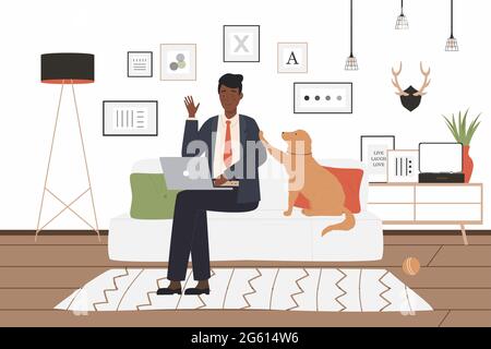 Man freelancer working with laptop at home, dog preventing work vector illustration. Cartoon young pet owner character in suit sitting on comfortable sofa with playful doggy, dog playing background Stock Vector