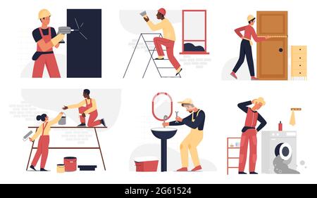 Builder people work in repair service set vector illustration. Cartoon professional repairman in safety helmet working, woman man characters painting wall, handyman fixing plumbing isolated on white Stock Vector