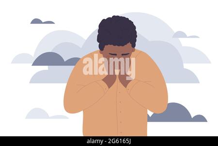 Upset unhappy man with mental health problems vector illustration. Cartoon young guy character crying, depressed person standing alone to cry, hopeless stress despair concept isolated on white Stock Vector