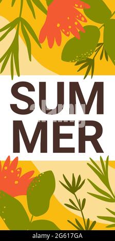 Summer banner, flowers and green grass meadow leaves vector illustration. Cartoon bright nature design, floral summer foliage in vertical trendy flyer decorative template, social media background Stock Vector