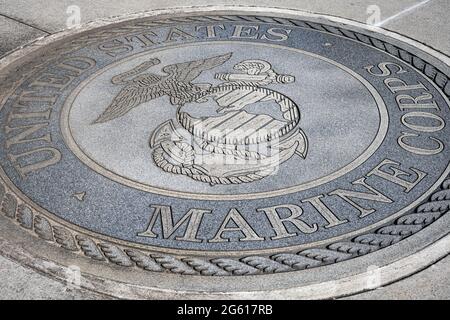 United States Marine Corps seal memorial at the Atlanta History Center's Veterans Park in Buckhead, Atlanta, Georgia. (USA) Stock Photo