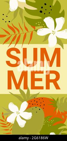 Summer lettering banner, white flowers, dots and green plant, red leaves vector illustration. Cartoon natural summer season vertical template, stylish nature floral simple decoration design background Stock Vector