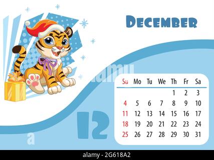 Horizontal desktop childrens calendar design for December 2022, the year of the Tiger in the Chinese calendar. Cute tiger cub with snowflakes and pres Stock Vector