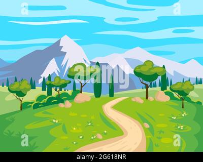 Landscape scenery view, road to snow mountaines, green meadow, flowers, trees. Rural nature, travel through countryside. Vector illustration Stock Vector